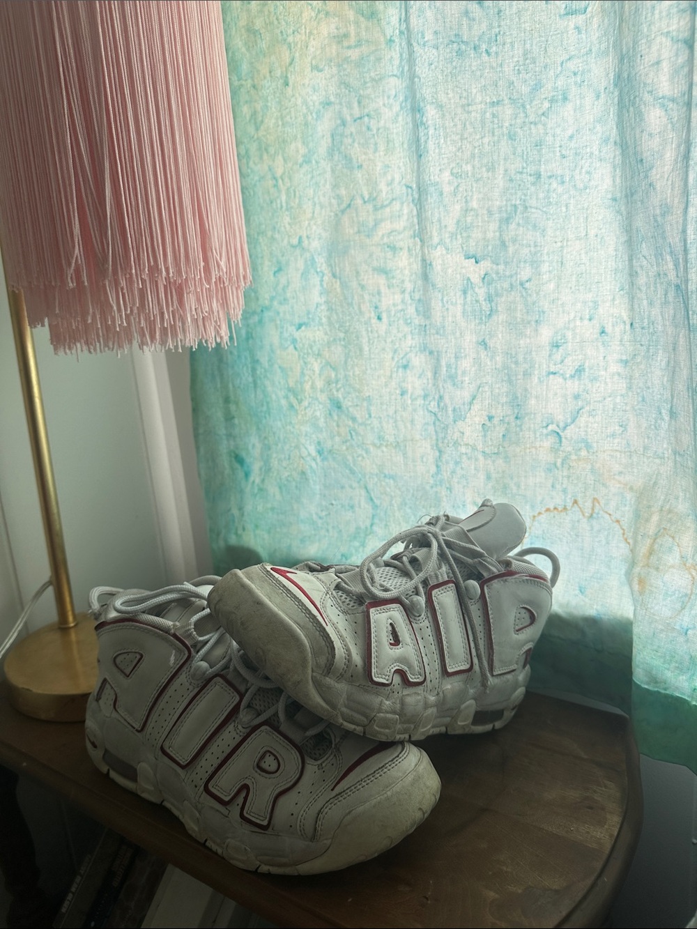 Vintage Nike White and Red Kids' Air More Uptempo Sneakers